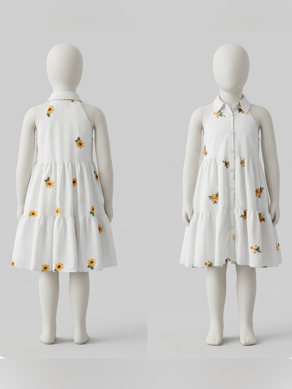 Girls Floral Embroidered Halter Tiered Dress White Sundress Cottagecore Boho